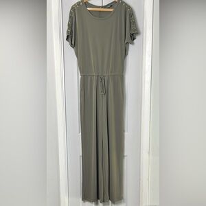 Lauren Ralph Wide Leg Khaki Jumpsuit With Criss Cross Lace Shoulders & Pockets